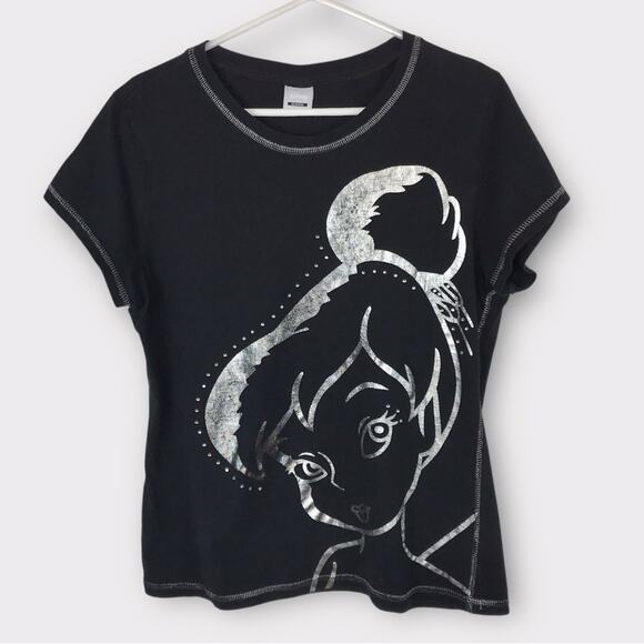 Disney Rare Tinker Bell T-Shirt Black & Sliver Bling Short Sleeved Tee - Picture 1 of 7